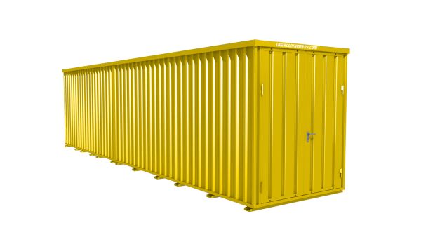 Lagercontainer - Schnellbaucontainer 18 qm, L9100xB2100 mm, Höhe 2100 mm, Doppelflügeltür mittig in Breitseite, Boden OSB 3 Platte, signalgelb, montiert