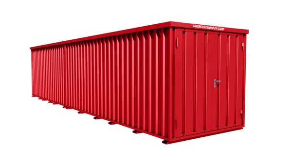 Lagercontainer - Schnellbaucontainer 18 qm, L9100xB2100 mm, Höhe 2445 mm, Doppelflügeltür mittig in Breitseite, Boden OSB 3 Platte, feuerrot, montiert