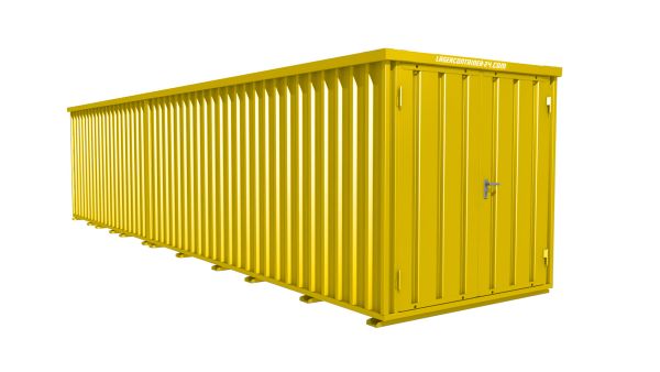 Lagercontainer - Schnellbaucontainer 18 qm, L9100xB2100 mm, Höhe 2445 mm, Doppelflügeltür mittig in Breitseite, Boden OSB 3 Platte, signalgelb, montiert