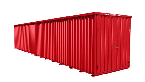 Lagercontainer - Schnellbaucontainer 24 qm, L12200xB2300 mm, Höhe 2445 mm, Doppelflügeltür mittig in Breitseite, Boden OSB 3 Platte, feuerrot, montiert