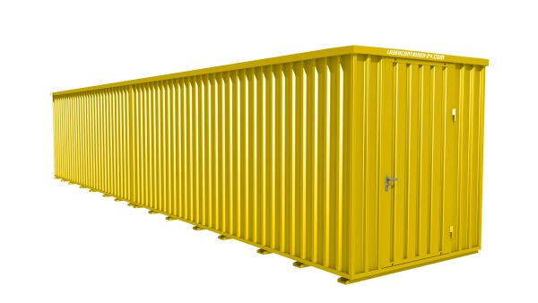 Lagercontainer - Schnellbaucontainer 24 qm, L12200xB2300 mm, Höhe 2445 mm, Einflügeltür mittig in Breitseite, Boden OSB 3 Platte, signalgelb, montiert