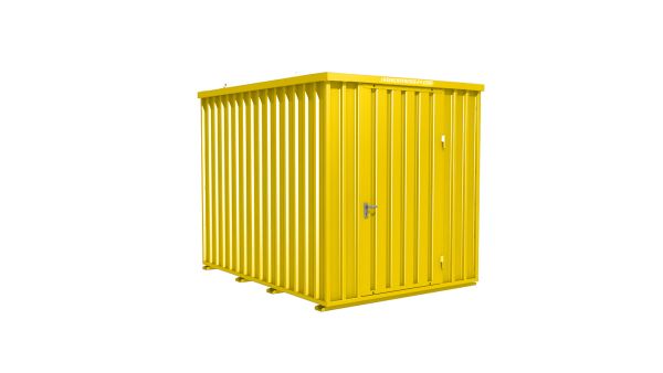 Lagercontainer - Schnellbaucontainer 6 qm, L3100xB2300 mm, Höhe 2445 mm, Einflügeltür mittig in Breitseite, Boden OSB 3 Platte, signalgelb, montiert