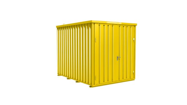 Lagercontainer - Schnellbaucontainer 6 qm, L3100xB2300 mm, Höhe 2445 mm, Doppelflügeltür mittig in Breitseite, Boden OSB 3 Platte, signalgelb, montiert