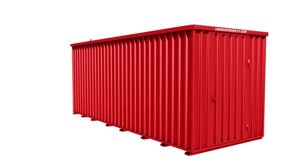 Lagercontainer - Schnellbaucontainer 12 qm, L6100xB2300 mm, Höhe 2445 mm, Einflügeltür mittig in Breitseite, Boden OSB 3 Platte, feuerrot, montiert