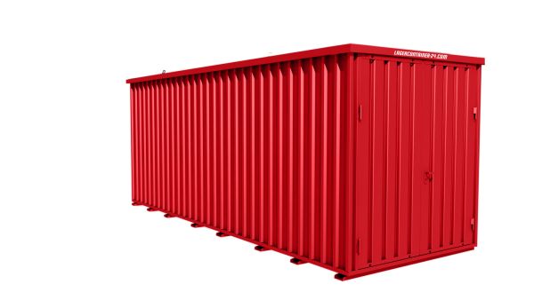 Lagercontainer - Schnellbaucontainer 12 qm, L6100xB2300 mm, Höhe 2445 mm, Doppelflügeltür mittig in Breitseite, Boden OSB 3 Platte, feuerrot, montiert