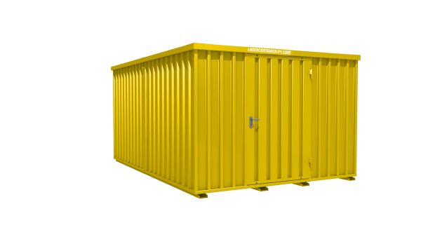 Lagercontainer - Schnellbaucontainer 12 qm, L3100xB4200 mm, Höhe 2100 mm, Einflügeltür mittig in Längsseite, Boden OSB 3 Platte, signalgelb, montiert