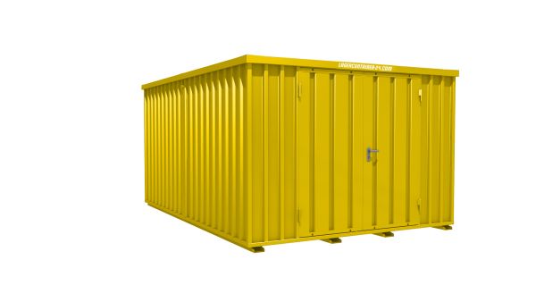 Lagercontainer - Schnellbaucontainer 12 qm, L3100xB4200 mm, Höhe 2100 mm, Doppelflügeltür mittig in Längsseite, Boden OSB 3 Platte, signalgelb, montiert