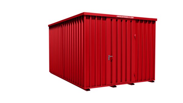 Lagercontainer - Schnellbaucontainer 12 qm, L3100xB4200 mm, Höhe 2445 mm, Einflügeltür mittig in Längsseite, Boden OSB 3 Platte, feuerrot, montiert