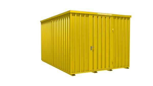 Lagercontainer - Schnellbaucontainer 12 qm, L3100xB4200 mm, Höhe 2445 mm, Einflügeltür mittig in Längsseite, Boden OSB 3 Platte, signalgelb, montiert