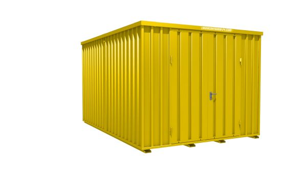 Lagercontainer - Schnellbaucontainer 12 qm, L3100xB4200 mm, Höhe 2445 mm, Doppelflügeltür mittig in Längsseite, Boden OSB 3 Platte, signalgelb, montiert