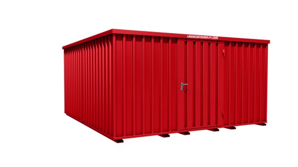 Lagercontainer - Schnellbaucontainer 16 qm, L4100xB4200 mm, Höhe 2100 mm, Einflügeltür mittig in Längsseite, Boden OSB 3 Platte, feuerrot, montiert