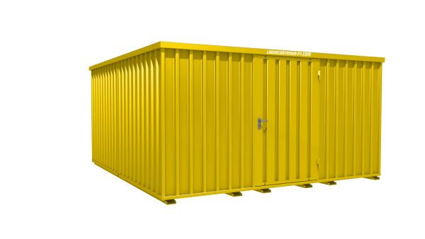 Lagercontainer - Schnellbaucontainer 16 qm, L4100xB4200 mm, Höhe 2100 mm, Einflügeltür mittig in Längsseite, Boden OSB 3 Platte, signalgelb, montiert