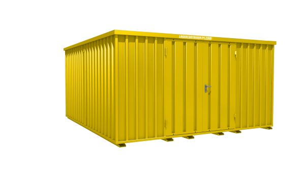 Lagercontainer - Schnellbaucontainer 16 qm, L4100xB4200 mm, Höhe 2100 mm, Doppelflügeltür mittig in Längsseite, Boden OSB 3 Platte, signalgelb, montiert