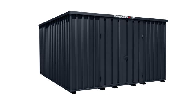 Lagercontainer - Schnellbaucontainer 16 qm, L4100xB4200 mm, Höhe 2445 mm, Doppelflügeltür mittig in Längsseite, Boden OSB 3 Platte, anthrazit, montiert