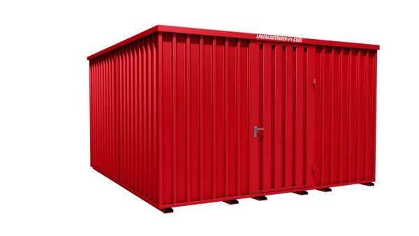 Lagercontainer - Schnellbaucontainer 16 qm, L4100xB4200 mm, Höhe 2445 mm, Einflügeltür mittig in Längsseite, Boden OSB 3 Platte, feuerrot, montiert