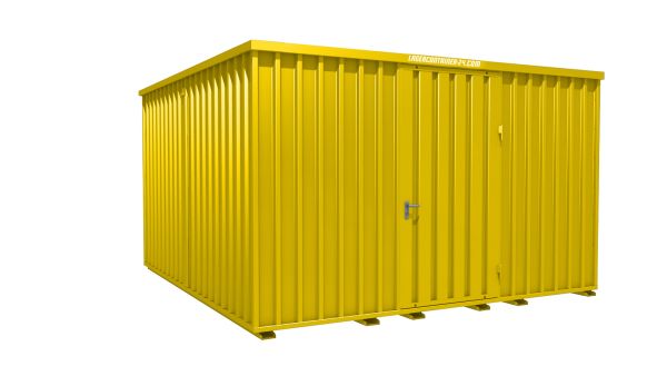 Lagercontainer - Schnellbaucontainer 16 qm, L4100xB4200 mm, Höhe 2445 mm, Einflügeltür mittig in Längsseite, Boden OSB 3 Platte, signalgelb, montiert