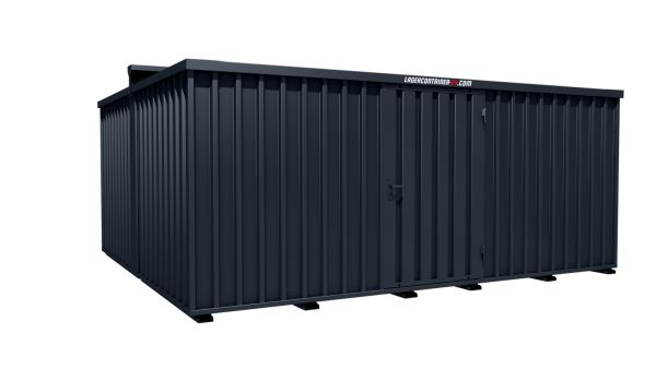 Lagercontainer - Schnellbaucontainer 20 qm, L5100xB4330 mm, Höhe 2315 mm, Einflügeltür mittig in Längsseite, Boden OSB 3 Platte, anthrazit, montiert