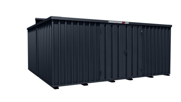 Lagercontainer - Schnellbaucontainer 20 qm, L5100xB4330 mm, Höhe 2315 mm, Doppelflügeltür mittig in Längsseite, Boden OSB 3 Platte, anthrazit, montiert