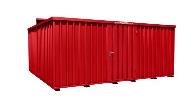 Lagercontainer - Schnellbaucontainer 20 qm, L5100xB4330 mm, Höhe 2315 mm, Einflügeltür mittig in Längsseite, Boden OSB 3 Platte, feuerrot, montiert