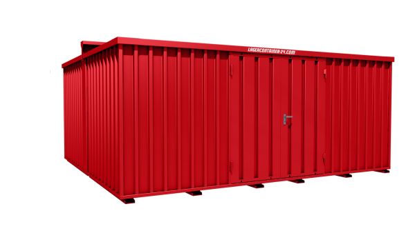 Lagercontainer - Schnellbaucontainer 20 qm, L5100xB4330 mm, Höhe 2315 mm, Doppelflügeltür mittig in Längsseite, Boden OSB 3 Platte, feuerrot, montiert