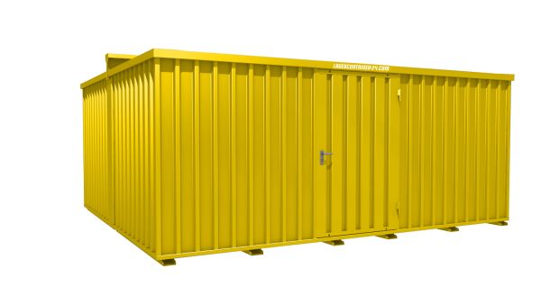 Lagercontainer - Schnellbaucontainer 20 qm, L5100xB4330 mm, Höhe 2315 mm, Einflügeltür mittig in Längsseite, Boden OSB 3 Platte, signalgelb, montiert