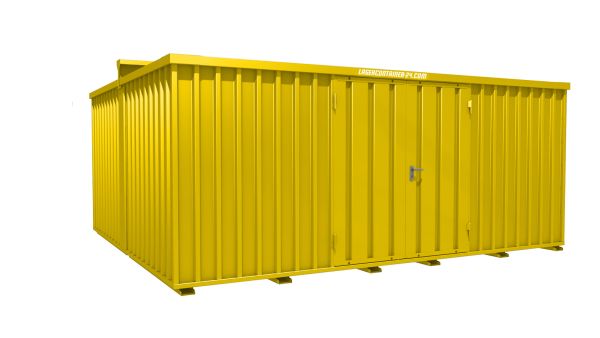 Lagercontainer - Schnellbaucontainer 20 qm, L5100xB4330 mm, Höhe 2315 mm, Doppelflügeltür mittig in Längsseite, Boden OSB 3 Platte, signalgelb, montiert