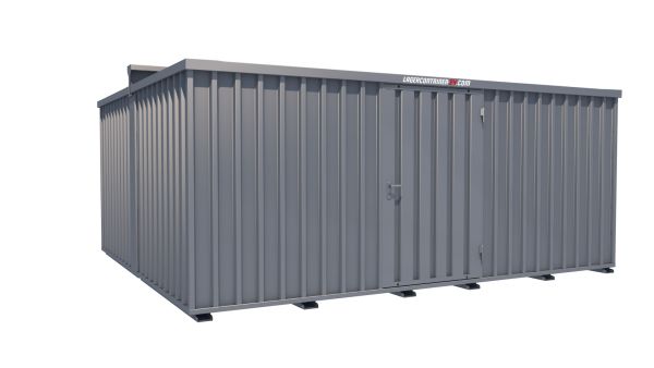 Lagercontainer - Schnellbaucontainer 20 qm, L5100xB4330 mm, Höhe 2315 mm, Einflügeltür mittig in Längsseite, Boden OSB 3 Platte, verzinkt