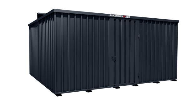 Lagercontainer - Schnellbaucontainer 20 qm, L5100xB4330 mm, Höhe 2660 mm, Einflügeltür mittig in Längsseite, Boden OSB 3 Platte, anthrazit, montiert