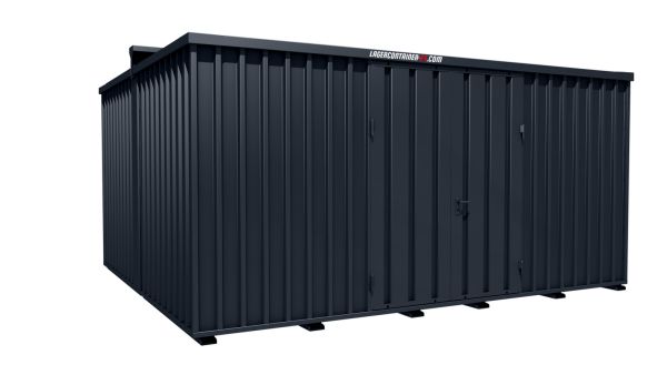 Lagercontainer - Schnellbaucontainer 20 qm, L5100xB4330 mm, Höhe 2660 mm, Doppelflügeltür mittig in Längsseite, Boden OSB 3 Platte, anthrazit, montiert