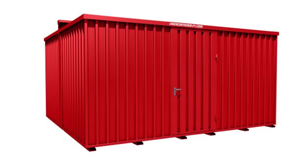 Lagercontainer - Schnellbaucontainer 20 qm, L5100xB4330 mm, Höhe 2660 mm, Einflügeltür mittig in Längsseite, Boden OSB 3 Platte, feuerrot, montiert