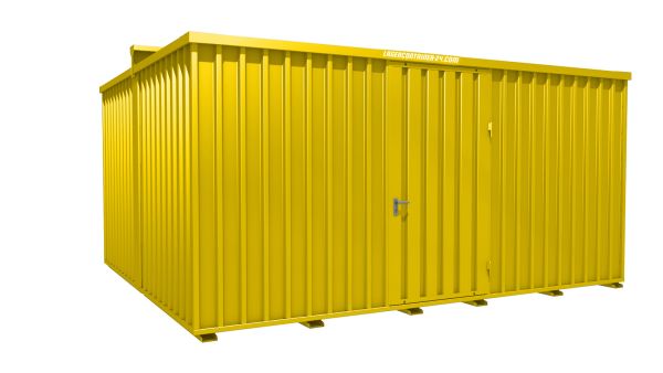 Lagercontainer - Schnellbaucontainer 20 qm, L5100xB4330 mm, Höhe 2660 mm, Einflügeltür mittig in Längsseite, Boden OSB 3 Platte, signalgelb, montiert