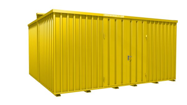 Lagercontainer - Schnellbaucontainer 20 qm, L5100xB4330 mm, Höhe 2660 mm, Doppelflügeltür mittig in Längsseite, Boden OSB 3 Platte, signalgelb, montiert