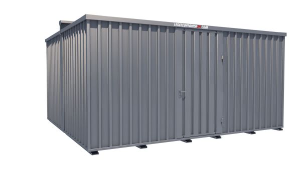 Lagercontainer - Schnellbaucontainer 20 qm, L5100xB4330 mm, Höhe 2660 mm, Einflügeltür mittig in Längsseite, Boden OSB 3 Platte, verzinkt