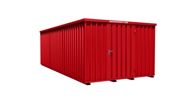 Lagercontainer - Schnellbaucontainer 18 qm, L3100xB6300 mm, Höhe 2100 mm, Einflügeltür mittig in Längsseite, Boden OSB 3 Platte, feuerrot, montiert