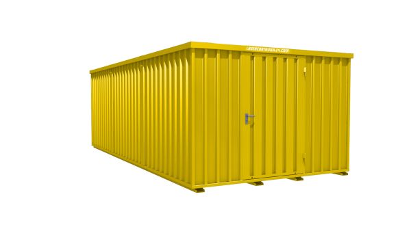 Lagercontainer - Schnellbaucontainer 18 qm, L3100xB6300 mm, Höhe 2100 mm, Einflügeltür mittig in Längsseite, Boden OSB 3 Platte, signalgelb, montiert