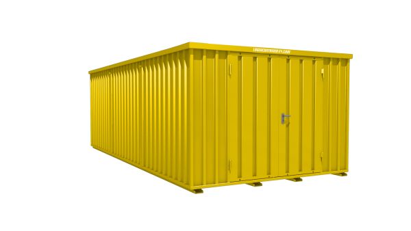 Lagercontainer - Schnellbaucontainer 18 qm, L3100xB6300 mm, Höhe 2100 mm, Doppelflügeltür mittig in Längsseite, Boden OSB 3 Platte, signalgelb, montiert