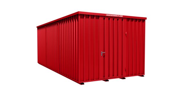 Lagercontainer - Schnellbaucontainer 18 qm, L3100xB6300 mm, Höhe 2445 mm, Einflügeltür mittig in Längsseite, Boden OSB 3 Platte, feuerrot, montiert