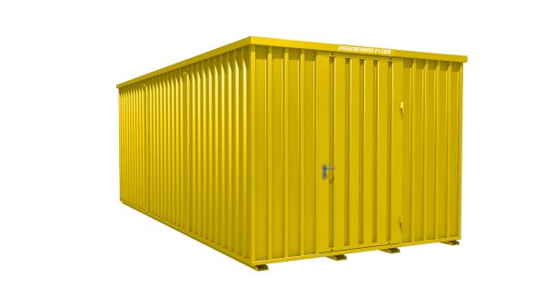 Lagercontainer - Schnellbaucontainer 18 qm, L3100xB6300 mm, Höhe 2445 mm, Einflügeltür mittig in Längsseite, Boden OSB 3 Platte, signalgelb, montiert