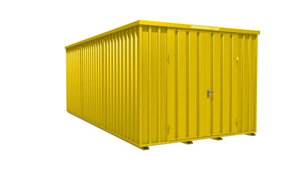 Lagercontainer - Schnellbaucontainer 18 qm, L3100xB6300 mm, Höhe 2445 mm, Doppelflügeltür mittig in Längsseite, Boden OSB 3 Platte, signalgelb, montiert