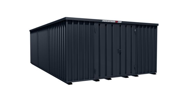 Lagercontainer - Schnellbaucontainer 24 qm, L4100xB6300 mm, Höhe 2100 mm, Doppelflügeltür mittig in Längsseite, Boden OSB 3 Platte, anthrazit, montiert