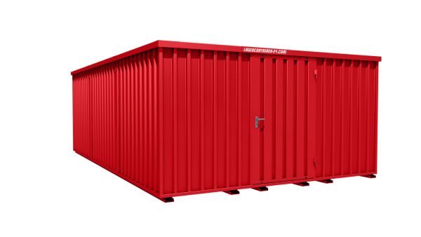 Lagercontainer - Schnellbaucontainer 24 qm, L4100xB6300 mm, Höhe 2100 mm, Einflügeltür mittig in Längsseite, Boden OSB 3 Platte, feuerrot, montiert