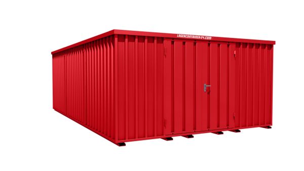 Lagercontainer - Schnellbaucontainer 24 qm, L4100xB6300 mm, Höhe 2100 mm, Doppelflügeltür mittig in Längsseite, Boden OSB 3 Platte, feuerrot, montiert