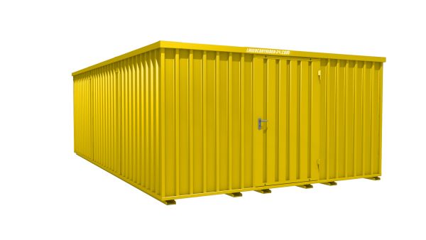 Lagercontainer - Schnellbaucontainer 24 qm, L4100xB6300 mm, Höhe 2100 mm, Einflügeltür mittig in Längsseite, Boden OSB 3 Platte, signalgelb, montiert