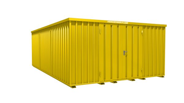 Lagercontainer - Schnellbaucontainer 24 qm, L4100xB6300 mm, Höhe 2100 mm, Doppelflügeltür mittig in Längsseite, Boden OSB 3 Platte, signalgelb, montiert