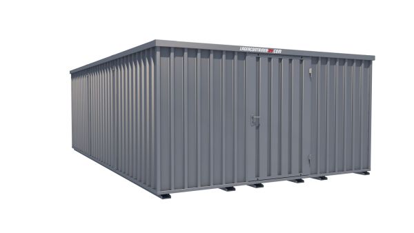 Lagercontainer - Schnellbaucontainer 24 qm, L4100xB6300 mm, Höhe 2100 mm, Einflügeltür mittig in Längsseite, Boden OSB 3 Platte, verzinkt