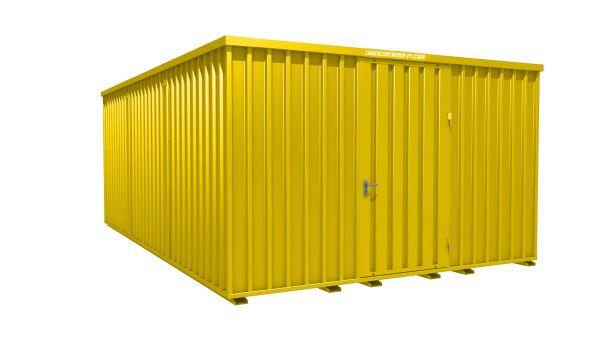 Lagercontainer - Schnellbaucontainer 24 qm, L4100xB6300 mm, Höhe 2445 mm, Einflügeltür mittig in Längsseite, Boden OSB 3 Platte, signalgelb, montiert