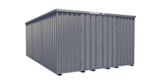 Lagercontainer - Schnellbaucontainer 24 qm, L4100xB6300 mm, Höhe 2445 mm, Doppelflügeltür mittig in Längsseite, Boden OSB 3 Platte, verzinkt