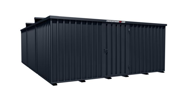 Lagercontainer - Schnellbaucontainer 30 qm, L5100xB6560 mm, Höhe 2315 mm, Einflügeltür mittig in Längsseite, Boden OSB 3 Platte, anthrazit, montiert