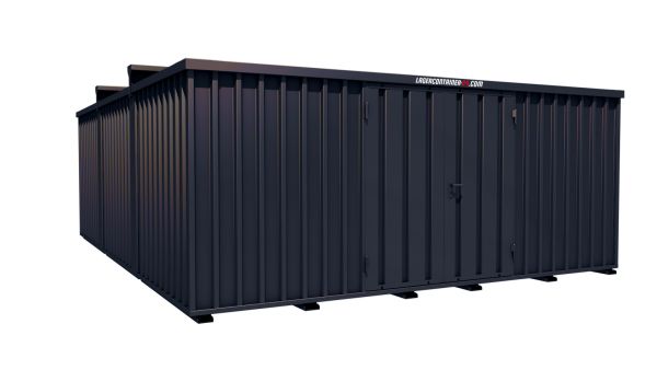 Lagercontainer - Schnellbaucontainer 30 qm, L5100xB6560 mm, Höhe 2315 mm, Doppelflügeltür mittig in Längsseite, Boden OSB 3 Platte, anthrazit, montiert