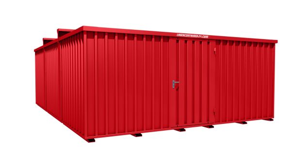 Lagercontainer - Schnellbaucontainer 30 qm, L5100xB6560 mm, Höhe 2315 mm, Einflügeltür mittig in Längsseite, Boden OSB 3 Platte, feuerrot, montiert